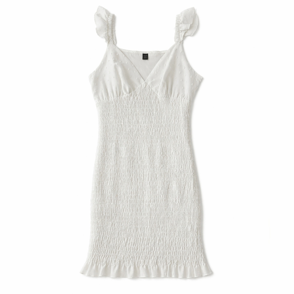 Salanta White Smocked Swiss Dot Mini Dress Boho Cottagecore L